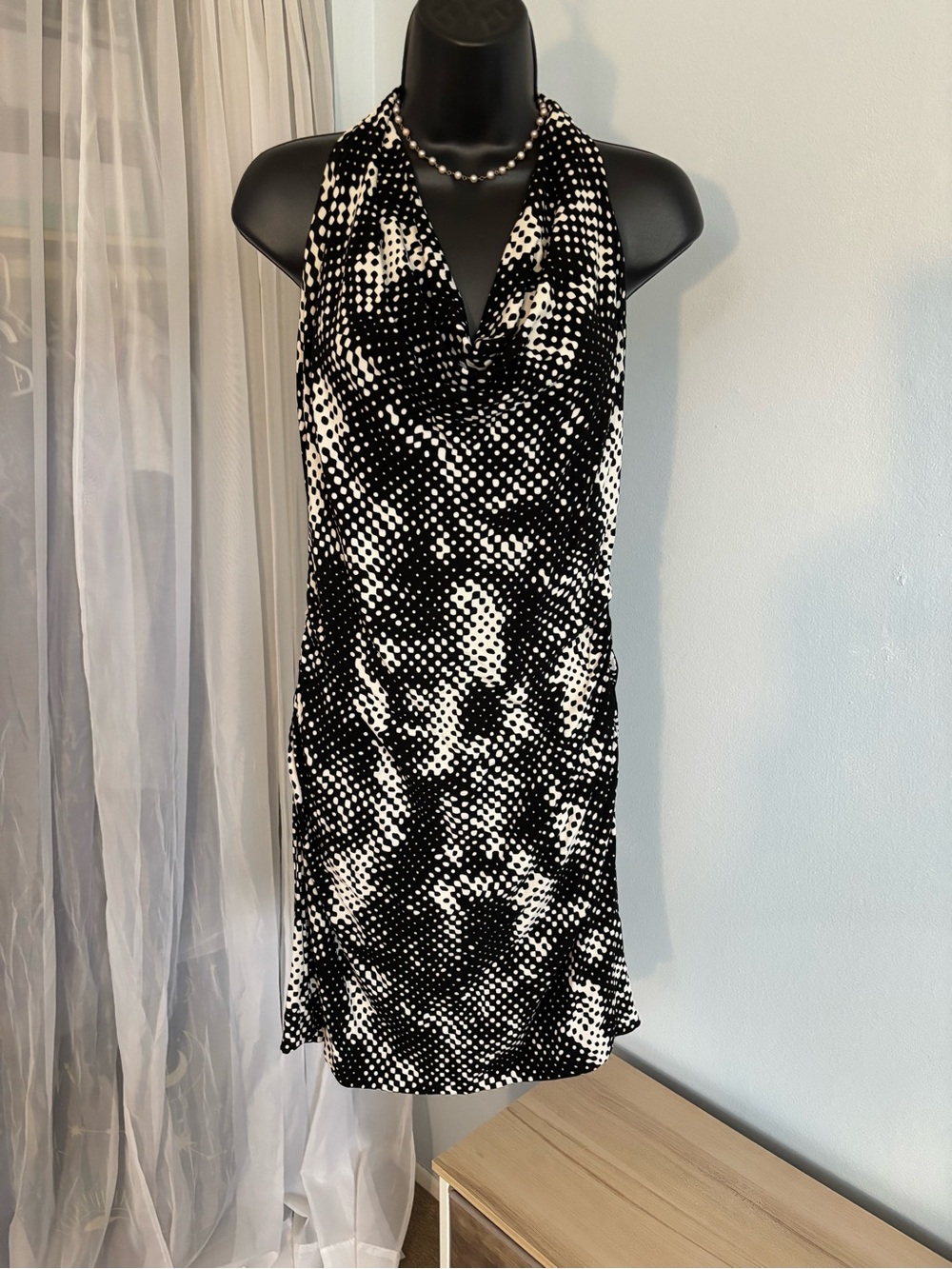Nicole Miller Black and White Backless Halter Dress